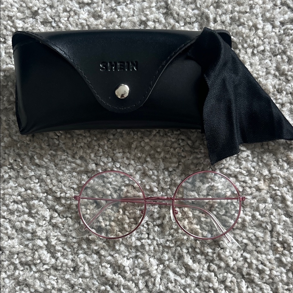 SHEIN Pink Round Metal Frame Glasses with Black Case